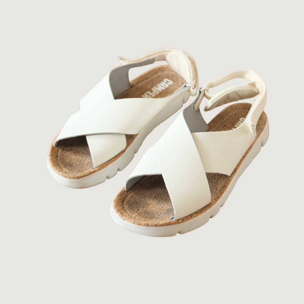 Camper Oruga Sandals White Leather Slingback Cork Footbed 39 Minimalist Comfort